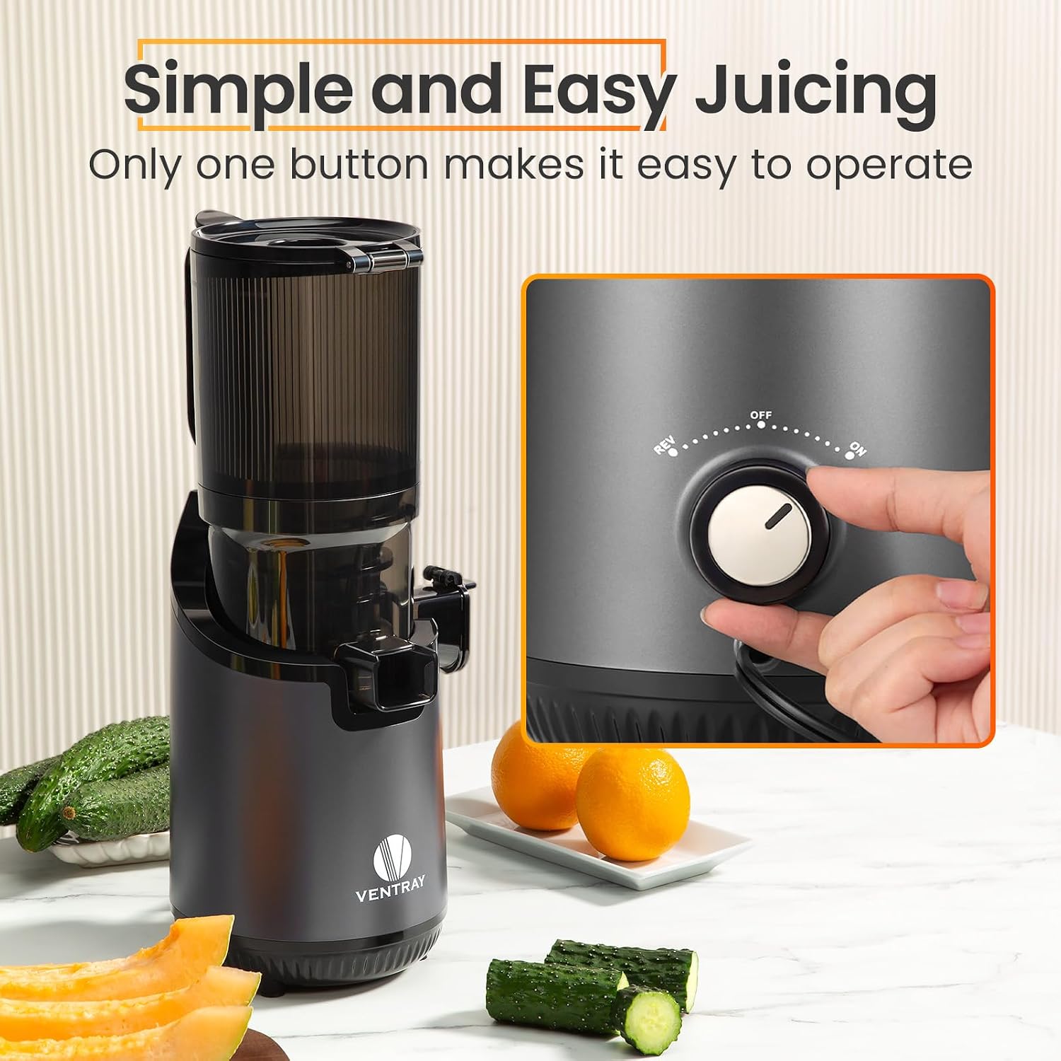 Ventray Slow Masticating Juicer Machine, 5.12' Extra Large Feed Chute Cold Press Juicer for Whole Vegetables & Fruits, 250w, High Juice Yield, Easy to Clean, with Brush, Fit for Batch Juicing
