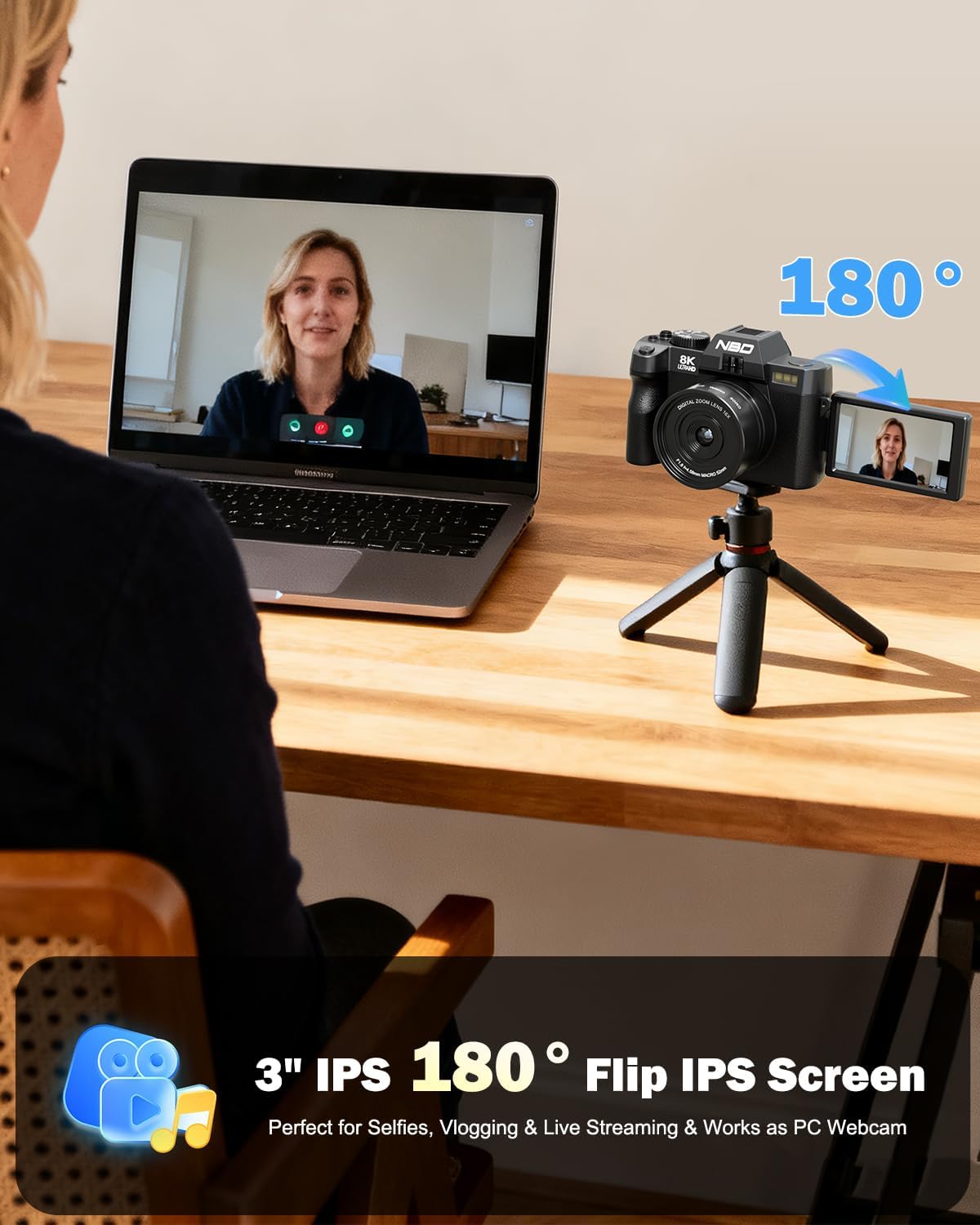 NBD 8K Digital Cameras for Photography,64MP Camara Fotograficas,Travel Vlogging Cameras for YouTube with 180°Flip Screen,16X Digital Zoom,52mm Macro Lens,2 Batteries,64GB TF Card(Black)