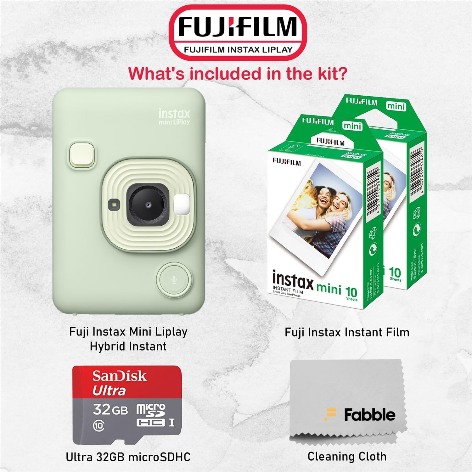 Fujifilm INSTAX Mini LiPlay Hybrid Instant Camera Bundle with 20 Sheets INSTAX Mini Film, 32GB microSD Card, USB Charging Cable, Hand Strap, Cleaning Cloth (Matcha Green)