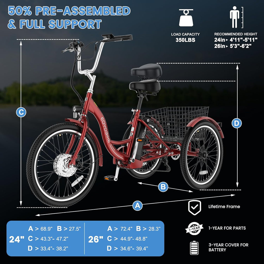 MOONCOOL Adult Electric Tricycle, 350W Front Drive Motor (Peak 700W), 15.5MPH E-Trike, Removable 36V 10.4Ah Battery, Max 60 Miles, 7-Speed 3 Wheel Electric Bike