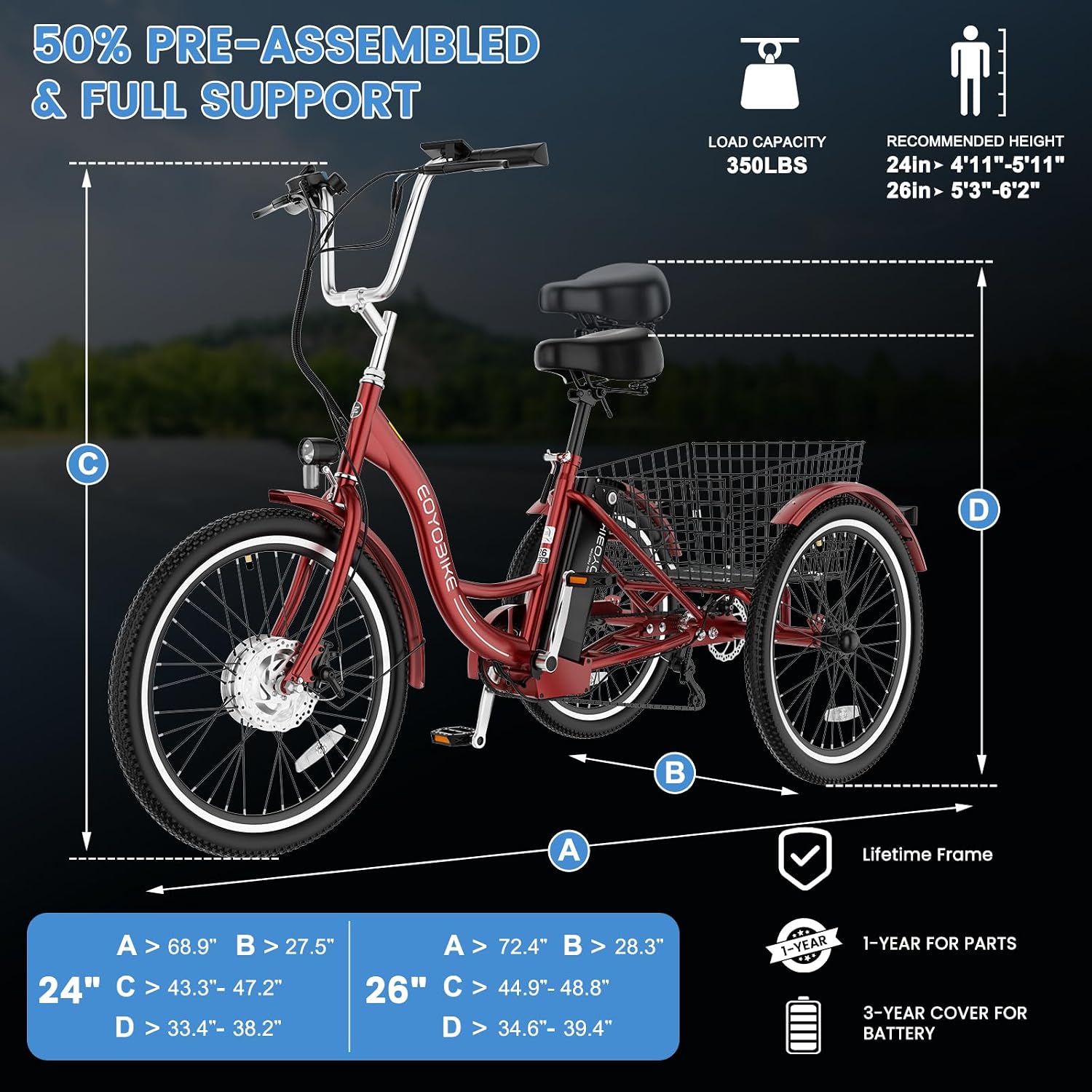MOONCOOL Adult Electric Tricycle, 350W Front Drive Motor (Peak 700W), 15.5MPH E-Trike, Removable 36V 10.4Ah Battery, Max 60 Miles, 7-Speed 3 Wheel Electric Bike