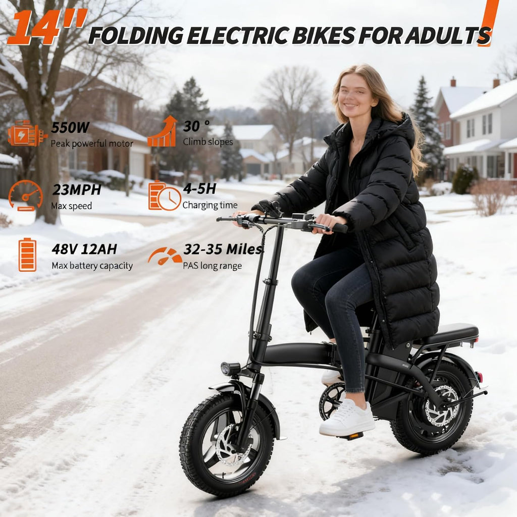 Folding Electric Bike for Adults, 14' Ebike 500W Peak Motor, 23MPH | 35Miles PAS Range | 48V12Ah Removable Battery | Commuter Foldable Electric Bicycles | UL 2849 Certified | Pedal Assist