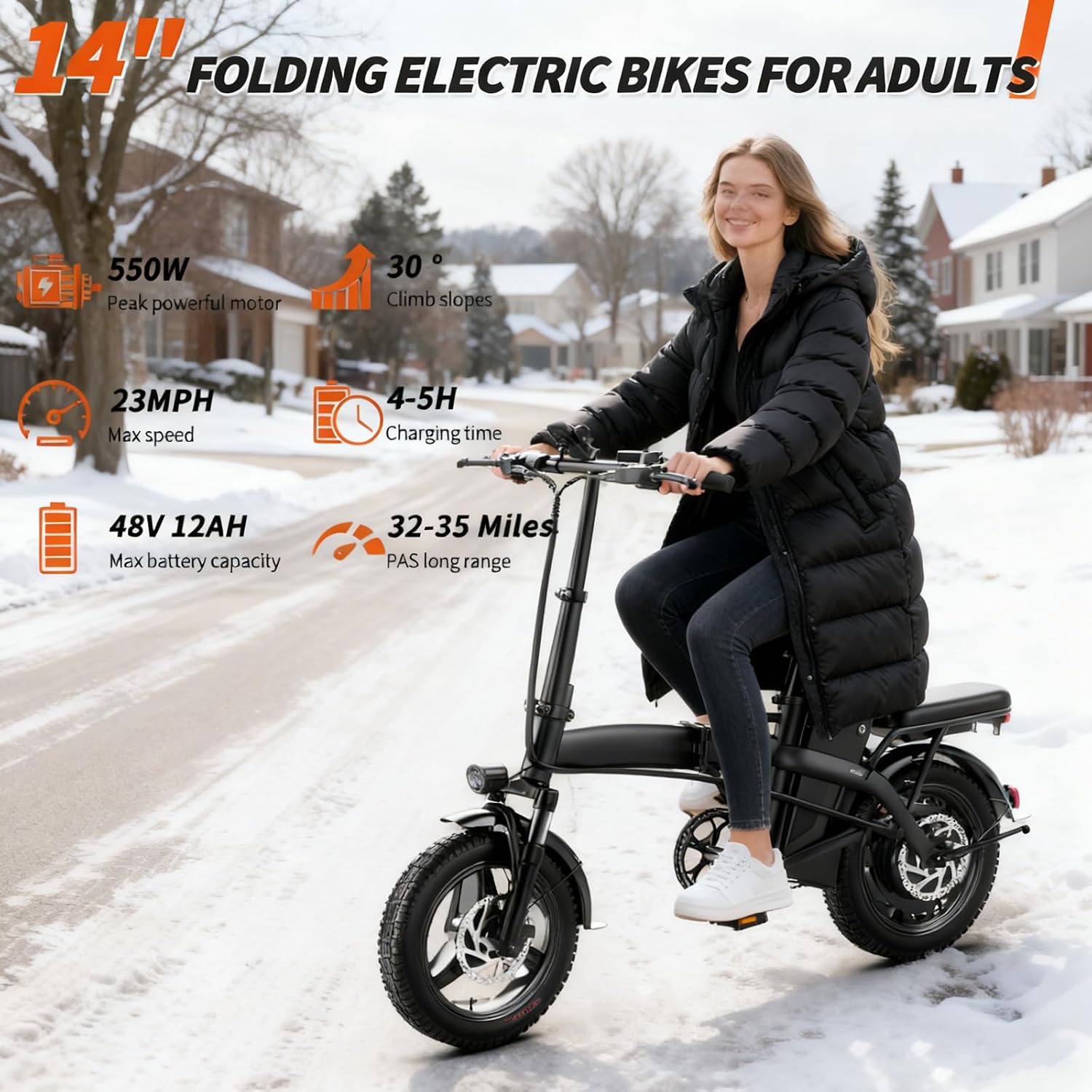 Folding Electric Bike for Adults, 14' Ebike 500W Peak Motor, 23MPH | 35Miles PAS Range | 48V12Ah Removable Battery | Commuter Foldable Electric Bicycles | UL 2849 Certified | Pedal Assist
