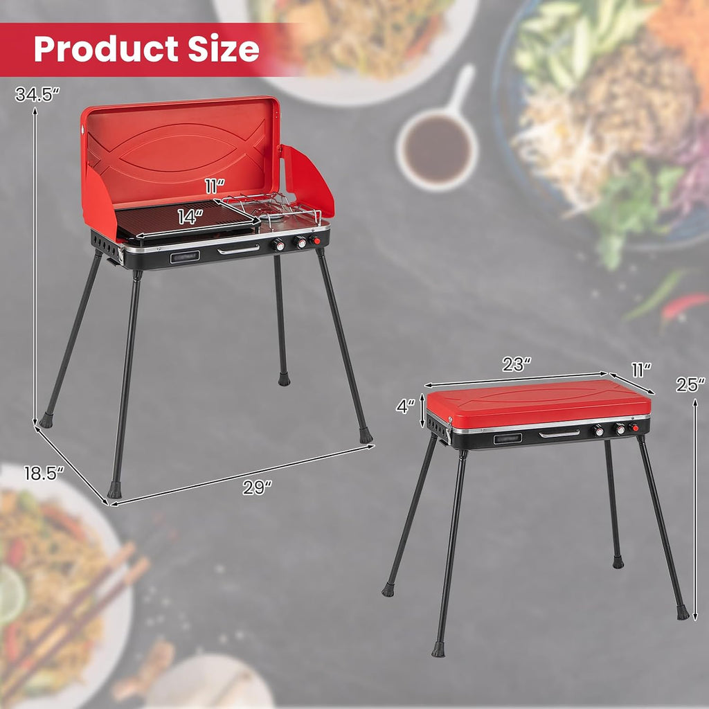 HAPPYGRILL Portable Camping Stove, 2-Burner Propane Grill Cooker with Removable Leg Stand, Roast Grill, Dual Control Knobs, Wind Guards, Outdoor Gas Grill for Camping BBQ Picnic, Red