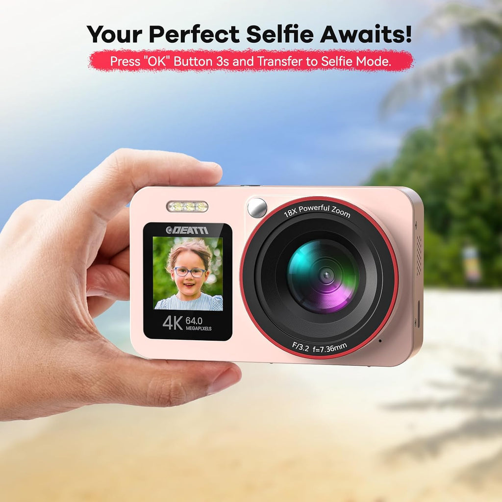 Digital Camera FHD 4K with Dual Screen 64GB SD Card 2 Batteries,18X Zoom,Anti Shake Portable Rechargeable Camera for Boys Girls Kids,Pink