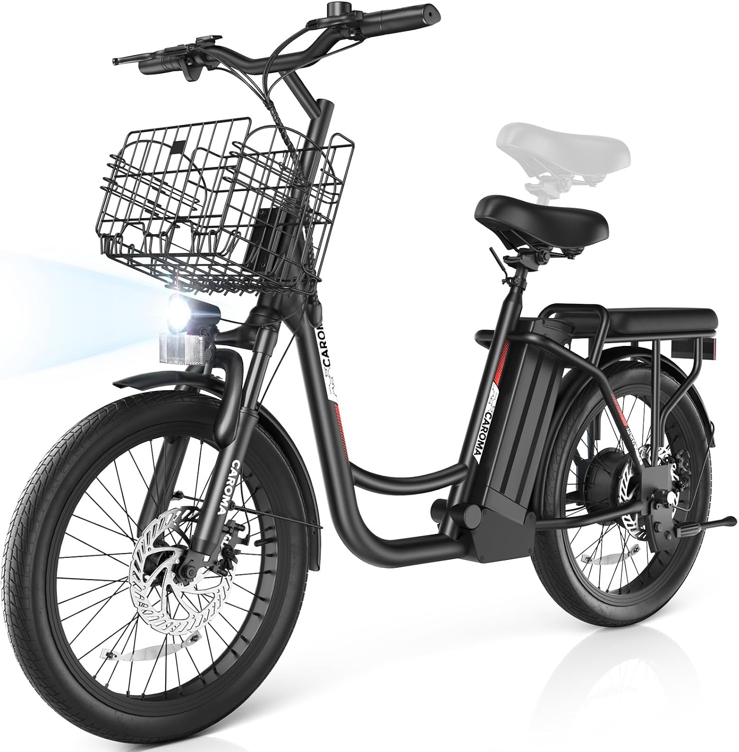 Caroma Peak 500W/800W/1200W Electric Scooter with Seat, 20' Fat Tire Electric Bike with 48V Removable Battery, Up to 30Miles & 20MPH, Adult Scooter for Commuting with Basket&Adjustable Seat