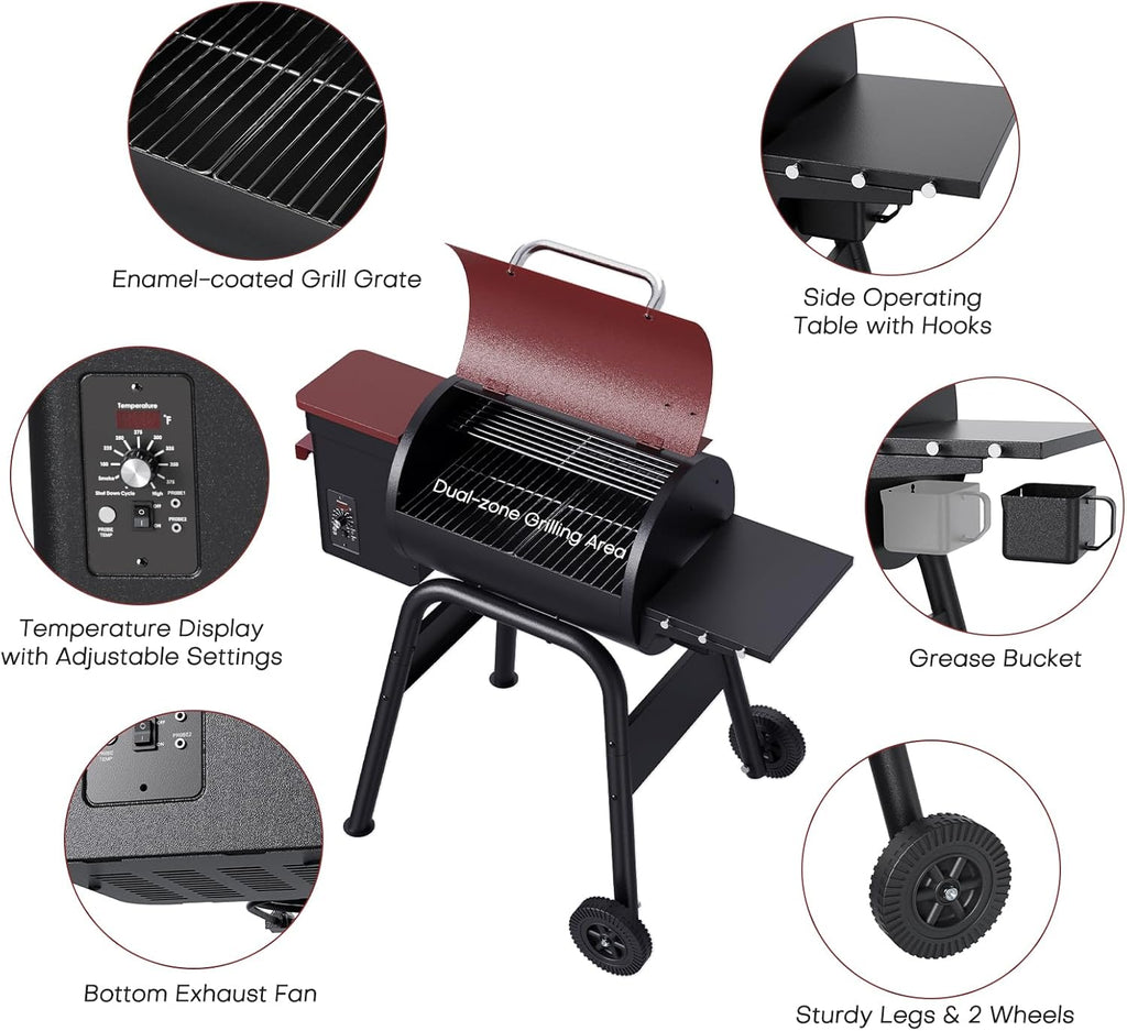 Jocoevol Pellet Smoker Grill Wood Pellet grill Electric Bbq Grills for Outdoor with Auto Feed & Pid Temperature Control 180-425°F, 456 Sq.In Cook Area, 6-In-1 Bbq Grill & Rain Cover For Backyard