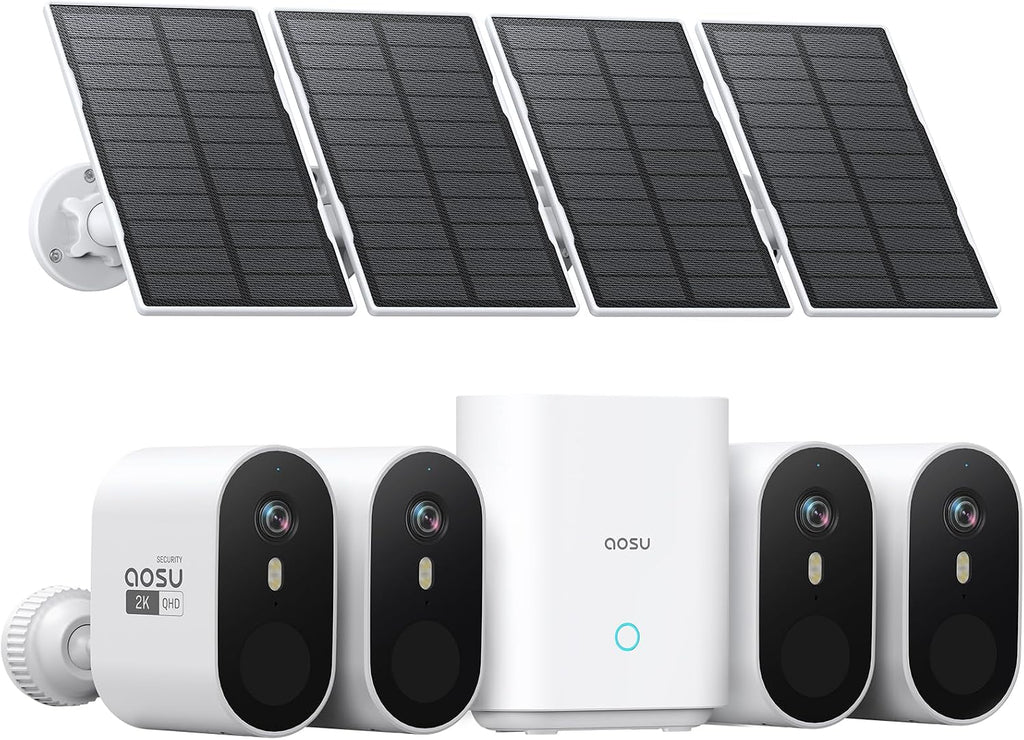 aosu Solar Security Cameras Wireless Outdoor, 4-Cam Kit, 2K QHD Home Security System with 166° Ultra-Wide Angle, Color Night Vision, 60 Days aosuBase Local Storage, No Subscription Needed