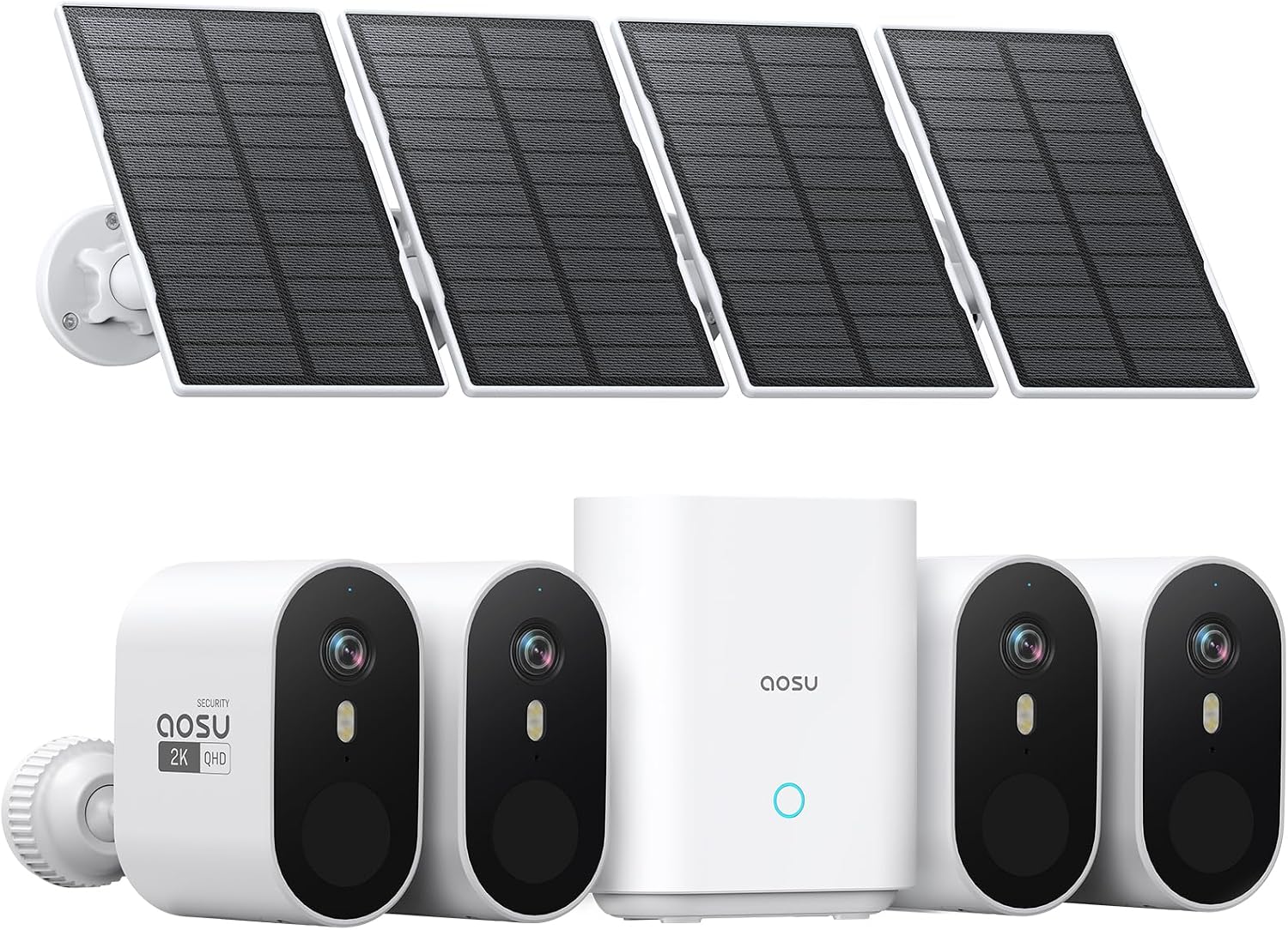 aosu Solar Security Cameras Wireless Outdoor, 4-Cam Kit, 2K QHD Home Security System with 166° Ultra-Wide Angle, Color Night Vision, 60 Days aosuBase Local Storage, No Subscription Needed