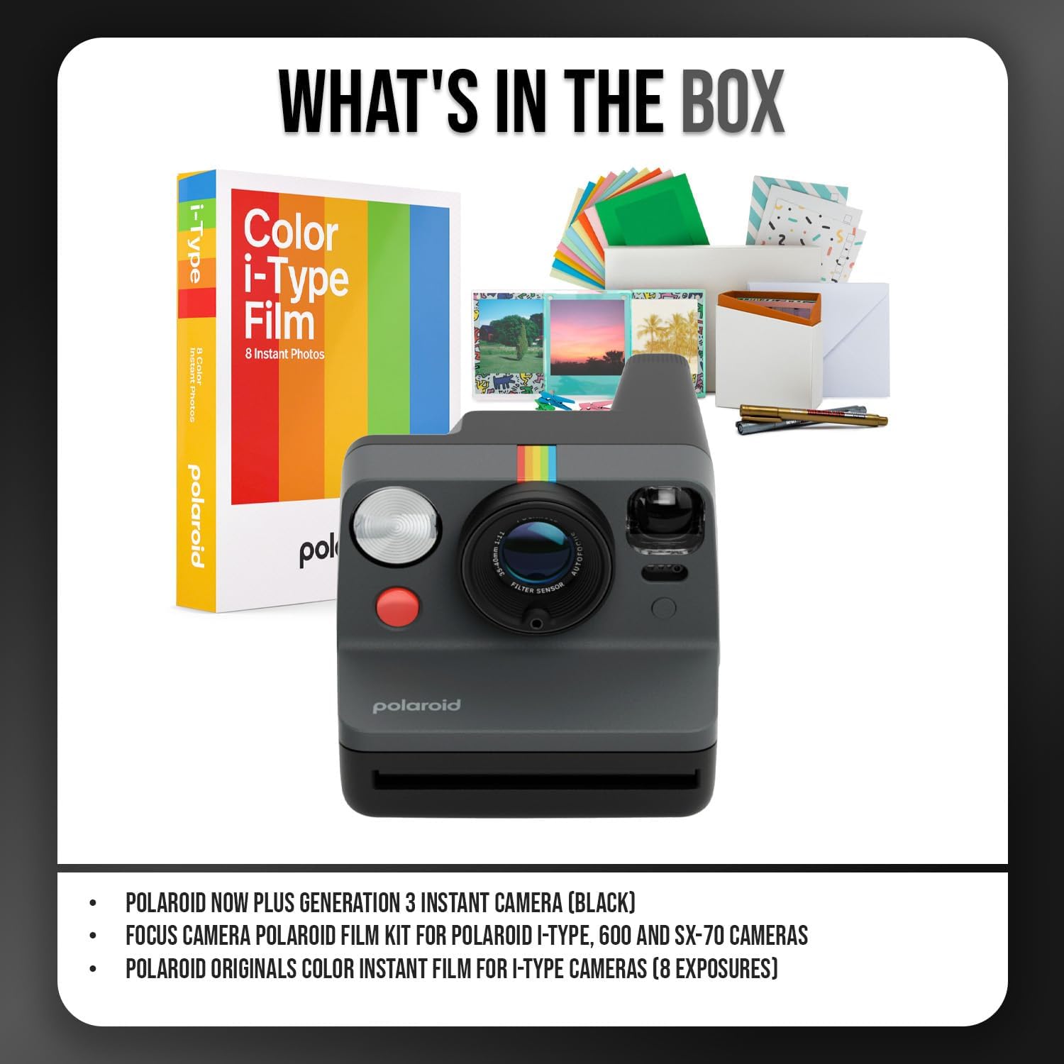 Polaroid Now Generation 3 Instant Camera with Built-in Tripod Mount and Two-Lens Autofocus System (Black) Bundle with Film Kit and Originals Color Instant Film (3 Items)