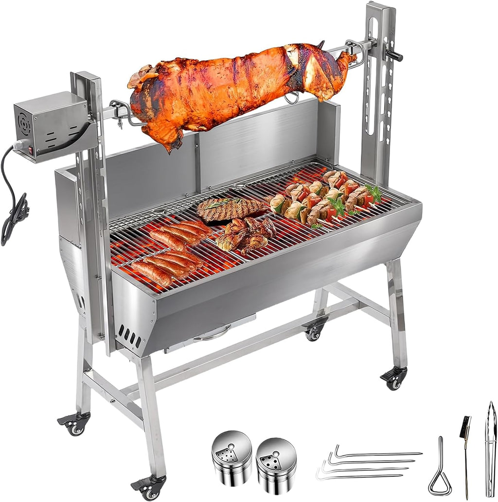 37' Electric Rotisserie Grill, Pig Lamb Spit Roaster Stand Rotisserie 132 Lbs Capacity With Adjustable Height, BBQ Charcoal Rotisserie Grill Kit Stainless Steel For Outdoor Party Camping