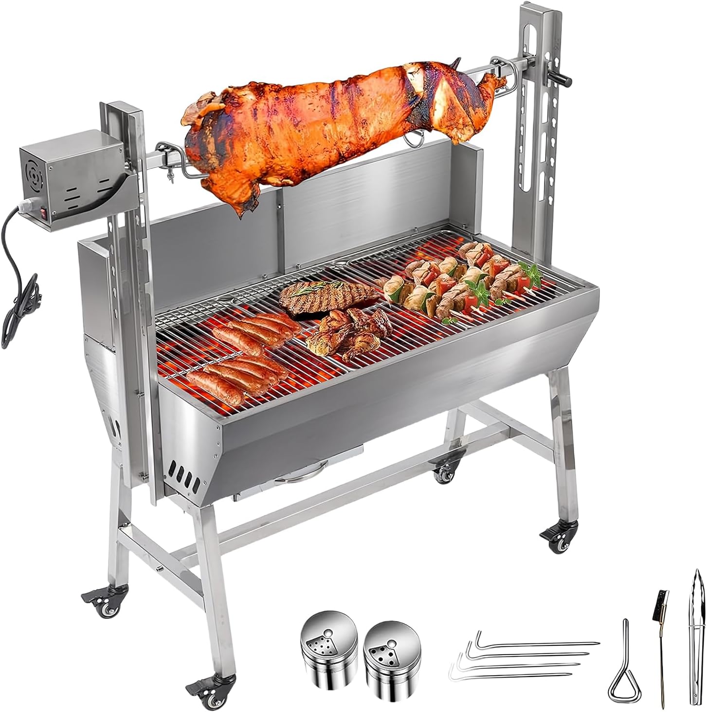37' Electric Rotisserie Grill, Pig Lamb Spit Roaster Stand Rotisserie 132 Lbs Capacity With Adjustable Height, BBQ Charcoal Rotisserie Grill Kit Stainless Steel For Outdoor Party Camping