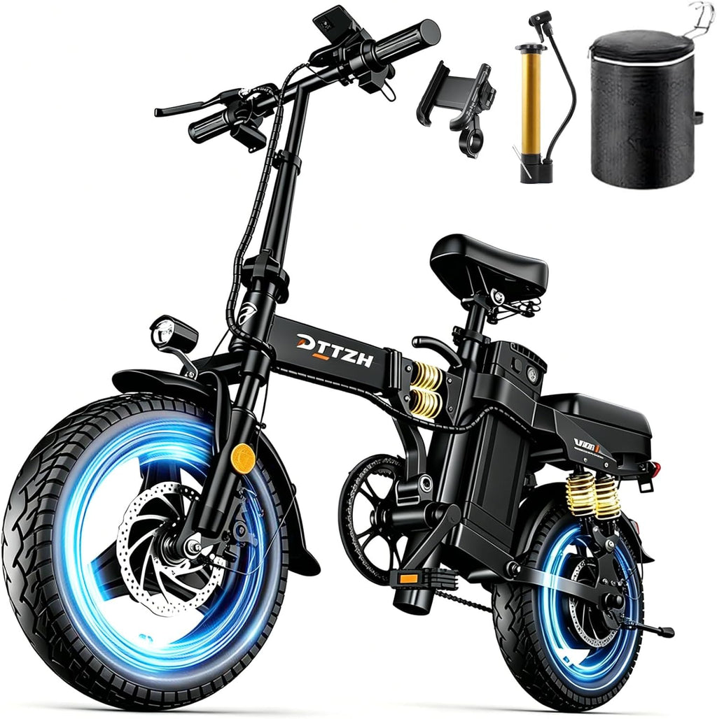 DTTZH Foldable Ebike with Keyless Ignore, 1000/2000W, 40/28MPH, 52V 25Ah/48V 15Ah, Max 60-80 Miles Range Folding Electric Bike, 14' Commuter Adult Electric Bicycle, UL2849 Certified E Bike