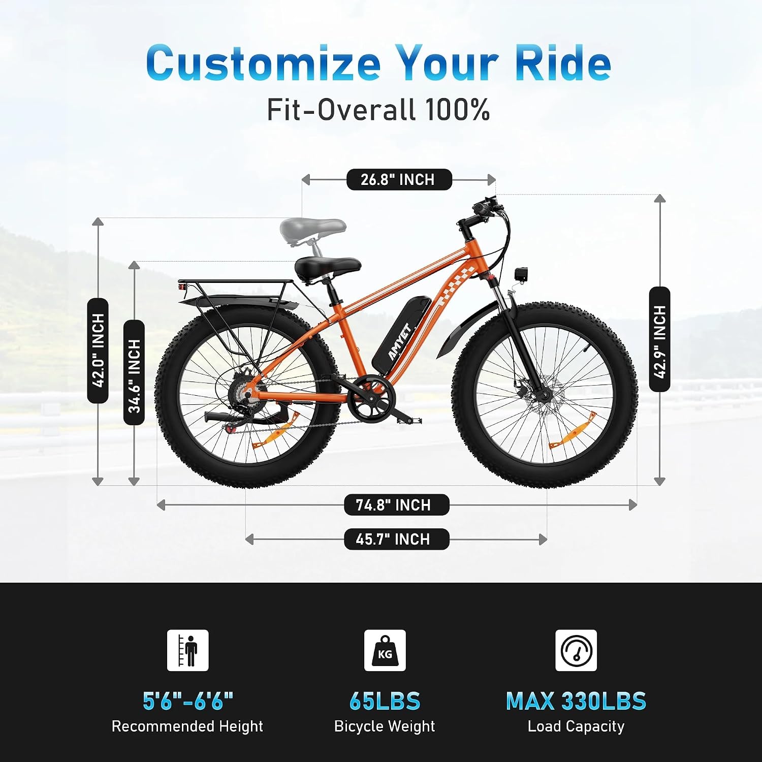 AMYET EB26 Electric Bike for Adults Peak 1500W Electric Bicycle 48V 15AH (720WH) Battery Electric Bike 26' Fat Tire Mountain 28mph 7 Speed Gears Ebike with UL 2849 Certified