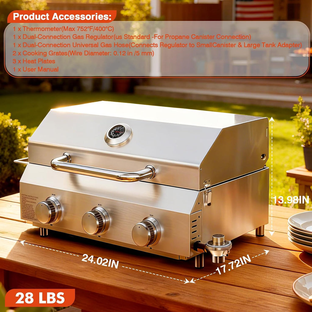 Llamaviva 3 Burner Gas Propane Grill with Dual Fuel Adapter,22500 BTU Stainless Steel Tabletop Portable Grill for Outdoor Barbecue Camping Cooking RV