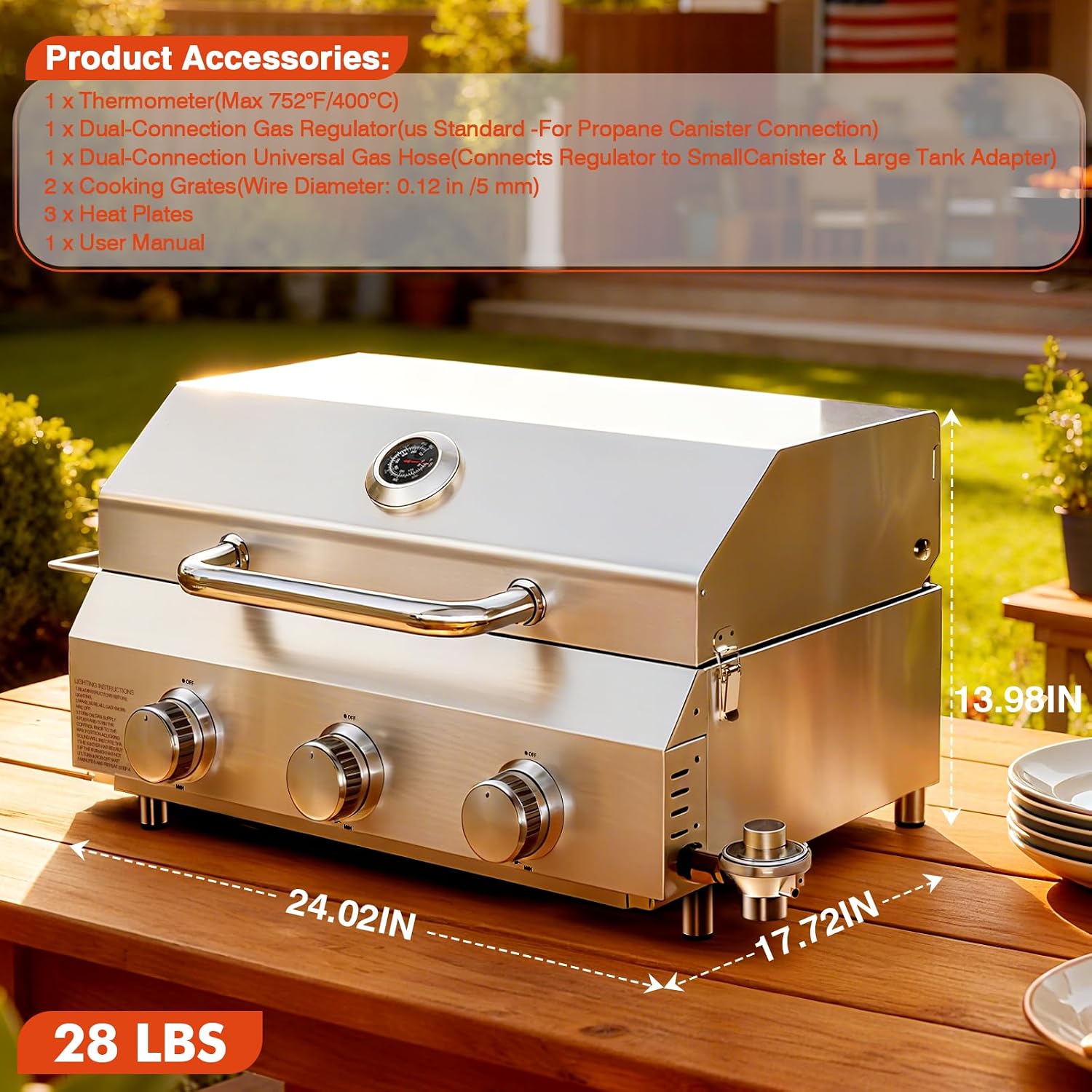 Llamaviva 3 Burner Gas Propane Grill with Dual Fuel Adapter,22500 BTU Stainless Steel Tabletop Portable Grill for Outdoor Barbecue Camping Cooking RV