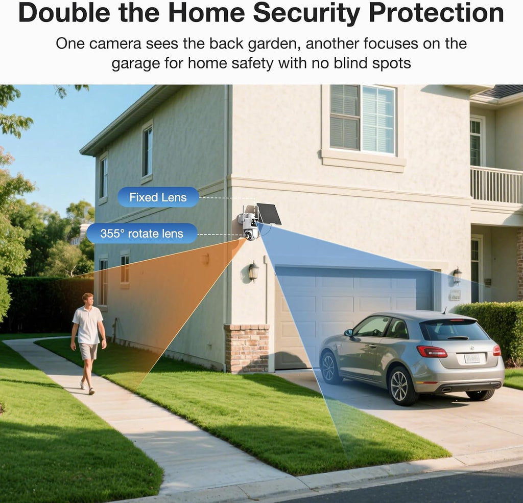 TKENPRO 2 Pack Dual Lens Solar Security Cameras Wireless Outdoor, 2K Full HD Video, 360° View Pan/Tilt Home Security Camera with Color Night Vision, Easy to Install （2pack）