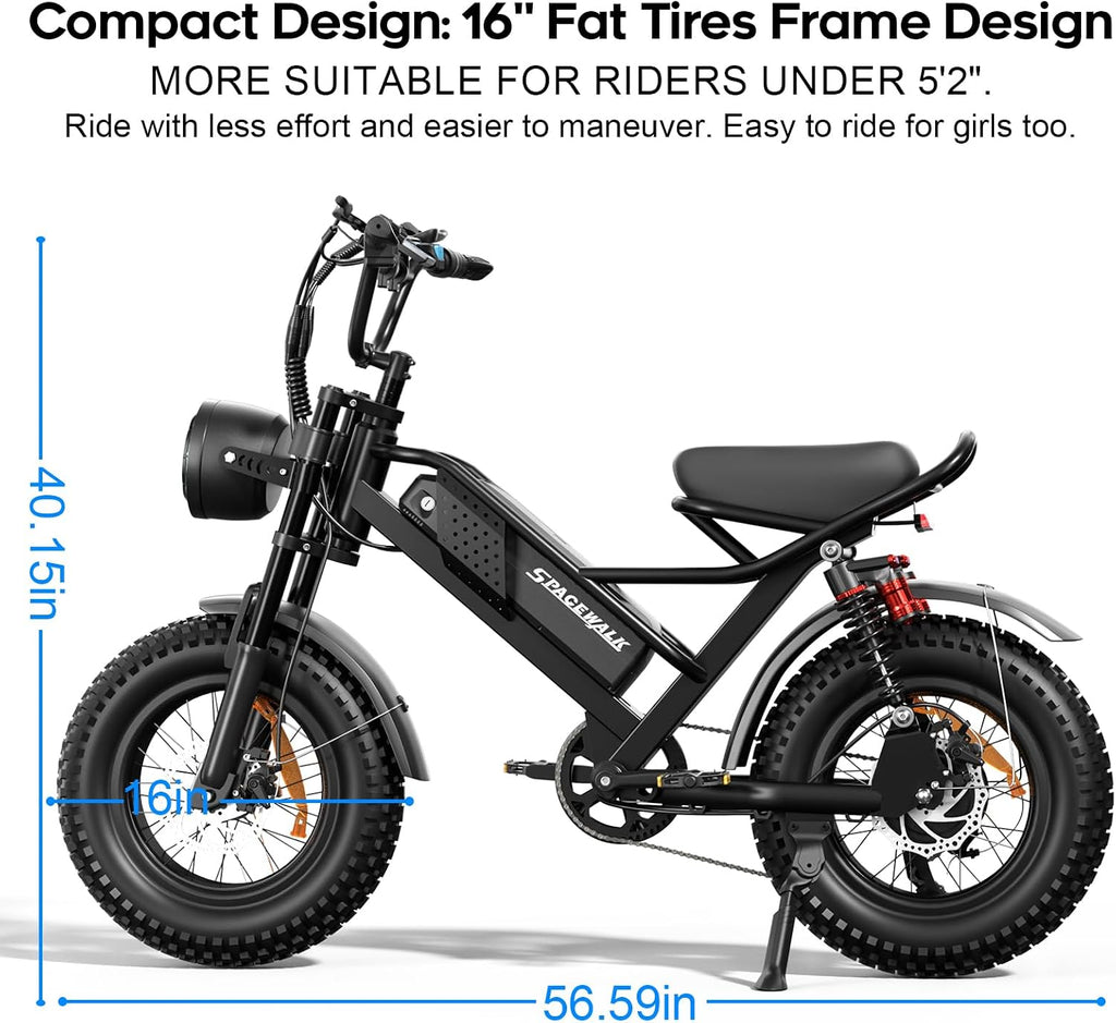 Spacewalk Electric Bike M6 / M7 for Teens/Adults,16' / 20' Ebike,1500W Peak Motor,21.7mph / 27.9mph,48V 15Ah Removable Battery,4X Suspension,50 Miles Pure Electric,70 Miles PAS