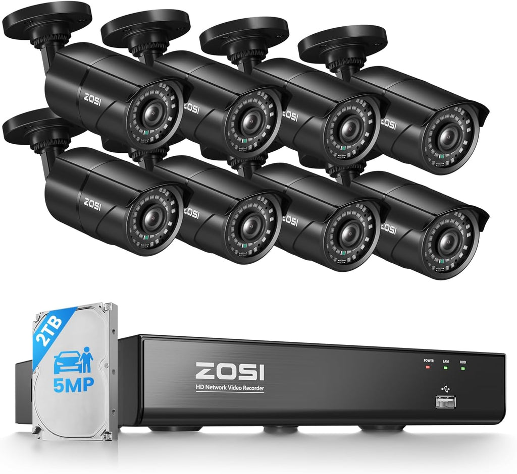 ZOSI 8MP 4K PoE Home Security Camera System Outdoor, H.265+ 8CH PoE NVR (16CH Expandable) with 2TB HDD for 24/7 Recording, 8PCS 5MP(3K) Bullet IP Cameras, Motion Detection, Remote Control