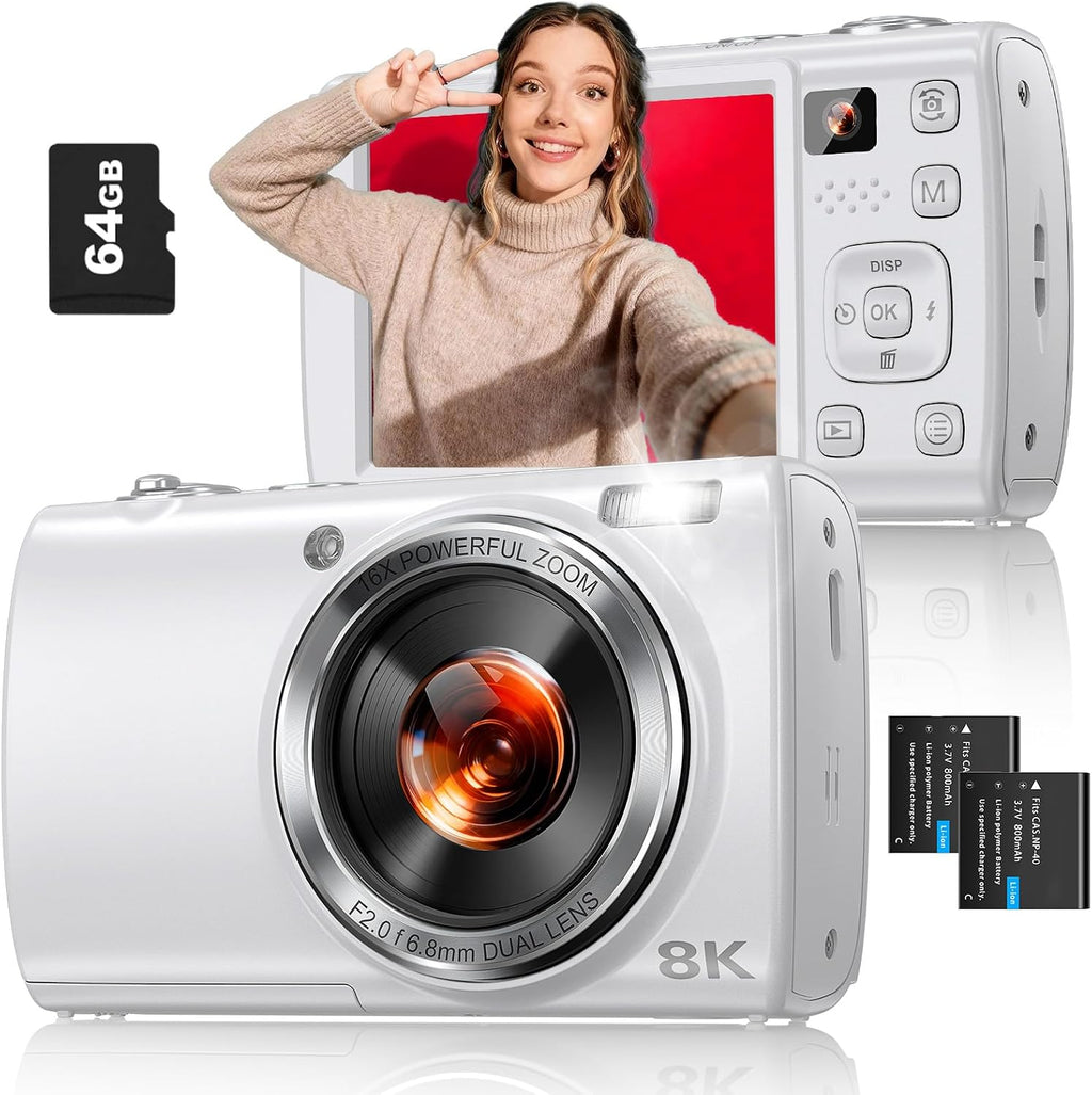 8K Digital Camera for Photography, 88MP WiFi Vlogging Camera for YouTube with Front Rear Lens, Autofocus, 16X Zoom, Compact Travel Cameras with Flash, Touch Screen, 64GB Card, 2 Batteries(White)