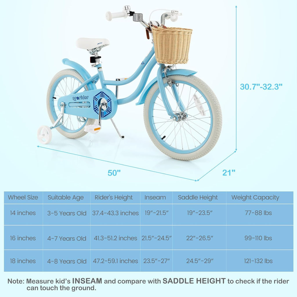 BABY JOY Kids Bike, 14 16 18 Inch Retro Kids Bicycles for 3-8 Years Old Children with Training Wheels, Adjustable Height, Rattan Basket, Handbrake & Coaster Brake, Boys Girls Bike (Pink, Green, Blue)