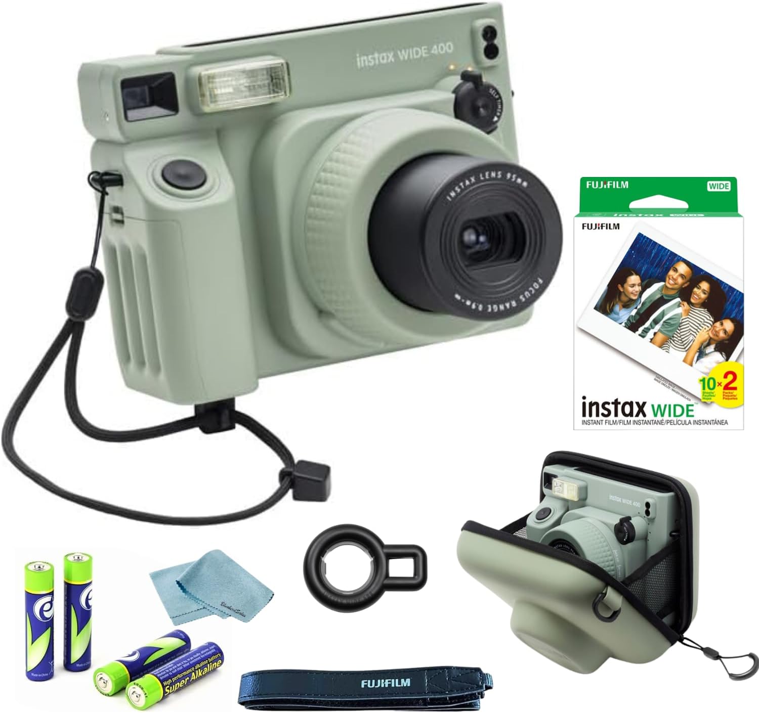 FujiFilm Instax Wide 400 Instant Camera Bundle - Includes Twin Pack Wide Frame Film, BluebirdSales Protective Carrying Case, Cleaning Cloth, and 4 AA Batteries - Portable - Perfect for Travel & Events