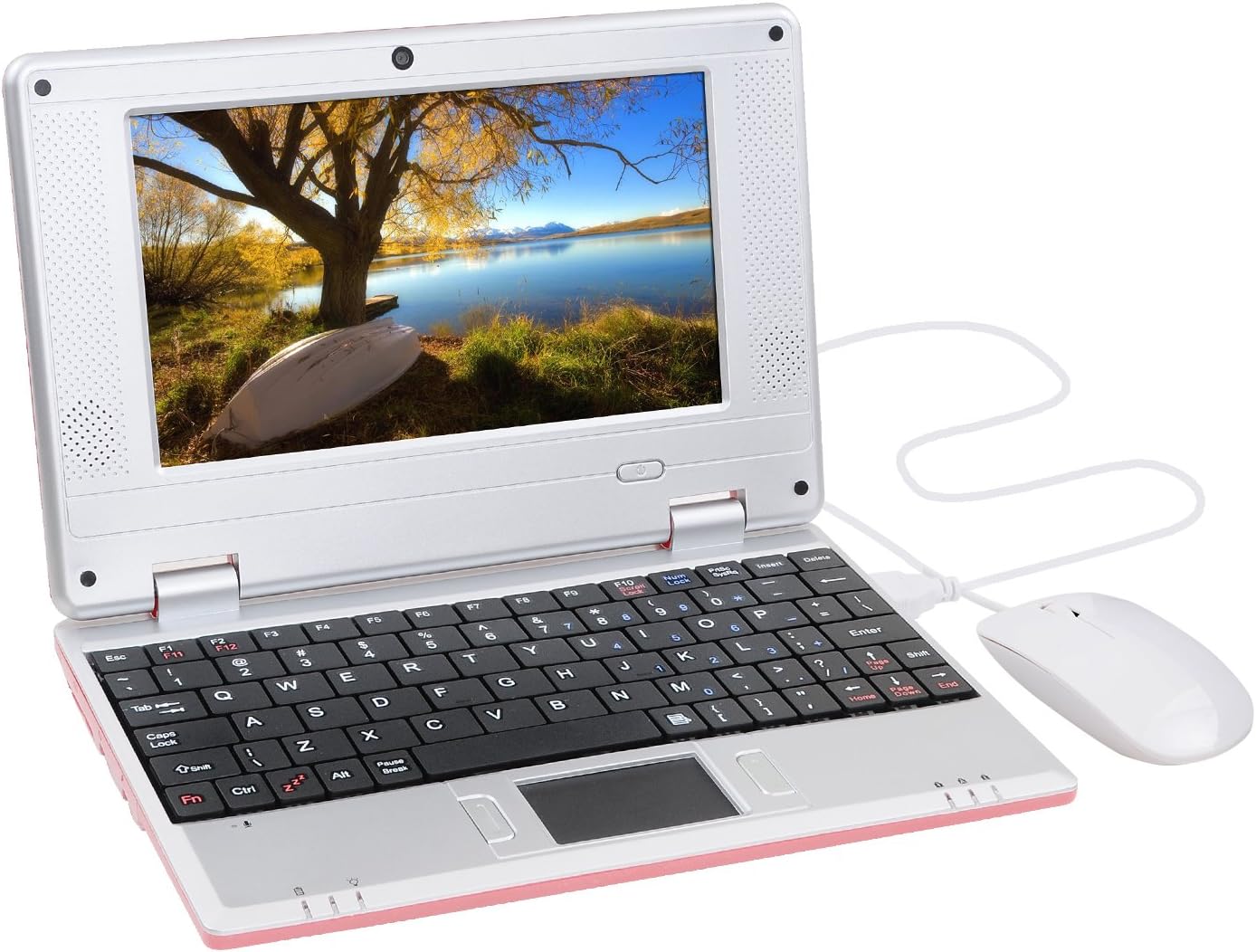 7 Inch Portable Mini Computer Laptop PC Netbook for Kids Android 12 Quad Core 32GB WiFi Built in Camera YouTube Flash Player (Pink)