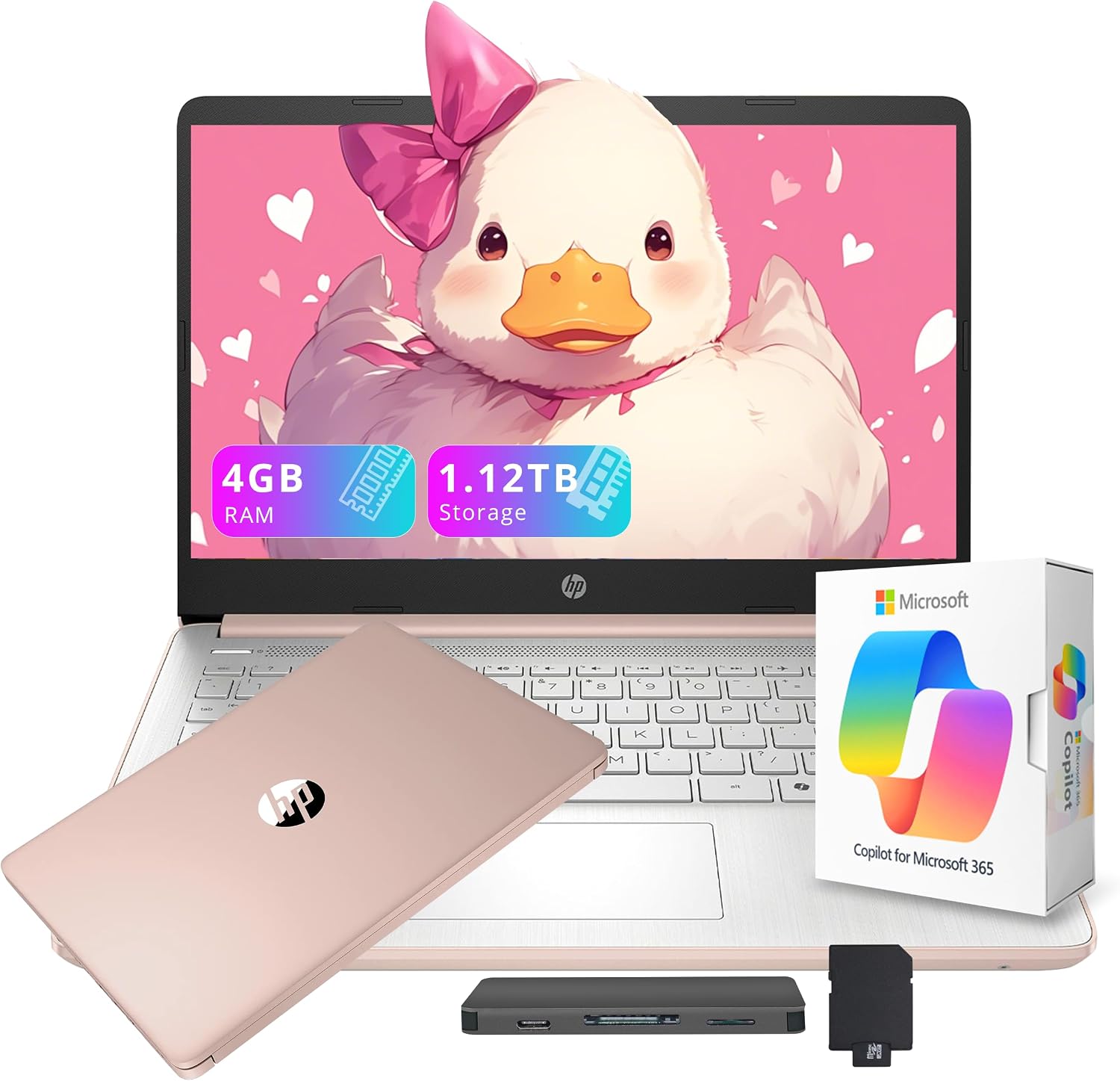 HP Flagship 14' HD Student&Business Laptop with AI Copilot, 13th Gen Intel 4-Core, 4GB RAM, 1.12TB Storage (128GB UFS + 1TB Docking Station), 1 Year Office 365, Wi-Fi 6, Win 11 S, Pale Rose Gold