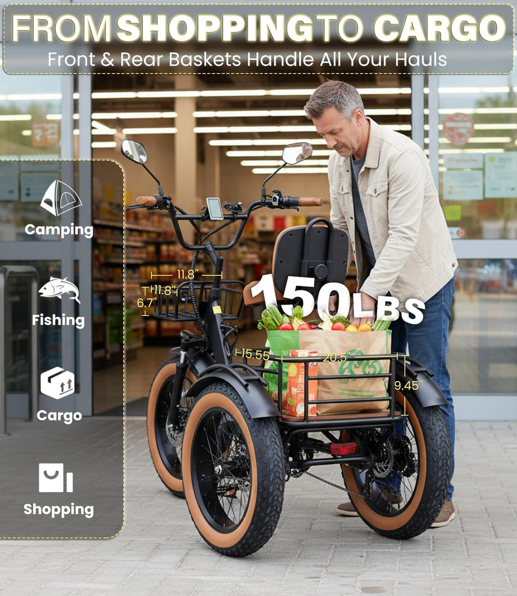 KAKIGO Electric Tricycle for Adults,Peak 1350W Motor Etrike,48V15.6Ah Ebike,20'x4'Fat Tire Aluminum Folding Electric Trike,3-Wheel Electric Bike,20MPH,Front&Rear Basket&Differential
