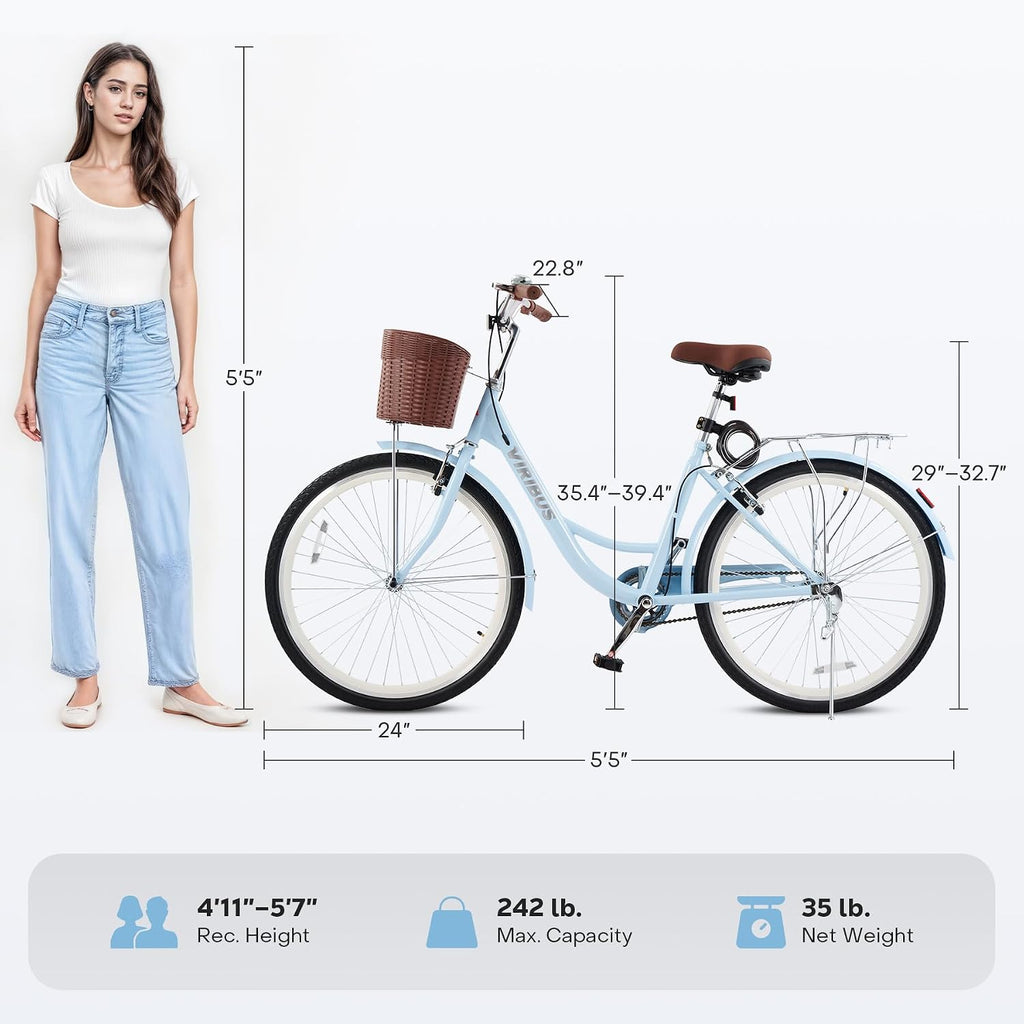 VIRIBUS Beach Cruiser Bike for Women, Single Speed Womens Bike with Basket & Rack 24 26 inch, Retro Step Through Cruiser Bicycle for Petite Short Women Female Ladies City Commuter, 330 lb.