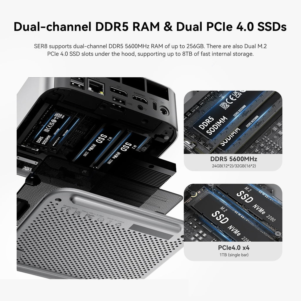 Beelink SER8 Mini PC, AMD Ryzen 8745HS(up to 4.9GHz) 8C/16T, Mini Computer 32GB DDR5 RAM 1TB NVMe PCIE 4.0 SSD, Mini Desktop Computer 4K Triple Screen Display WiFi6/BT5.2/WOL/W-11 Pro