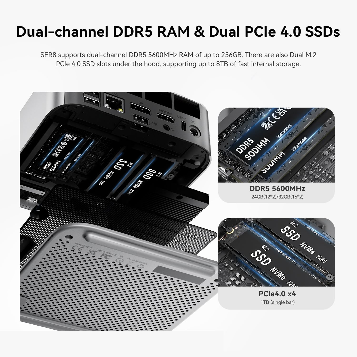 Beelink SER8 Mini PC, AMD Ryzen 8745HS(up to 4.9GHz) 8C/16T, Mini Computer 32GB DDR5 RAM 1TB NVMe PCIE 4.0 SSD, Mini Desktop Computer 4K Triple Screen Display WiFi6/BT5.2/WOL/W-11 Pro
