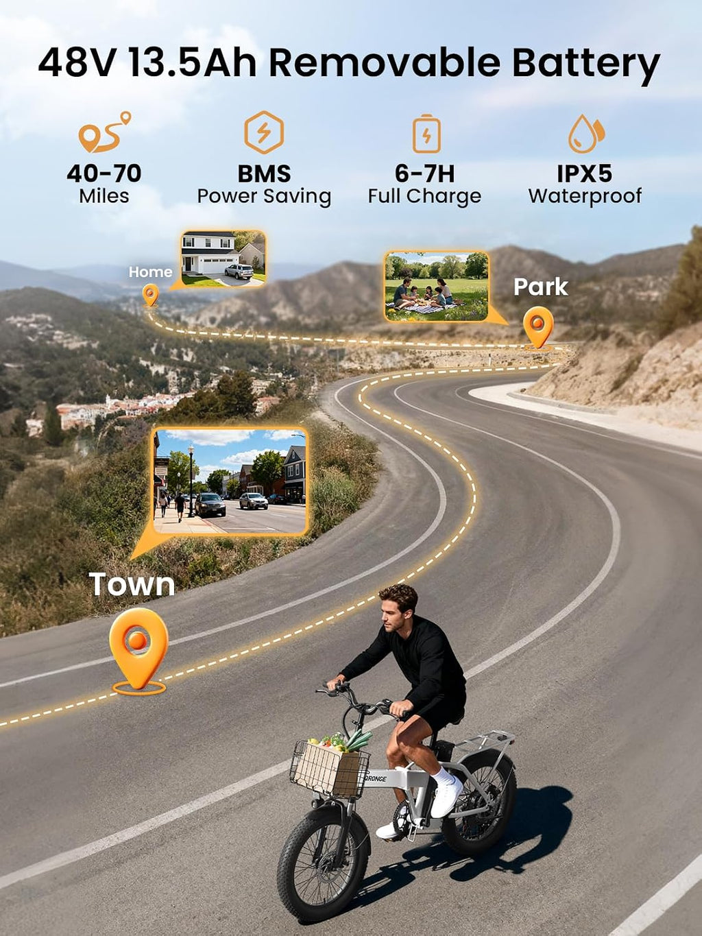 QRONGE Folding Electric Bike, E-Bike Foldable 1000W Peak, 48V 13.5AH Removable Battery Ebike, 20' Fat Tire, 70 Max Miles Range, 28maxMPH, Electric Bike for Adults, Adult Electric Bicycles for Commute