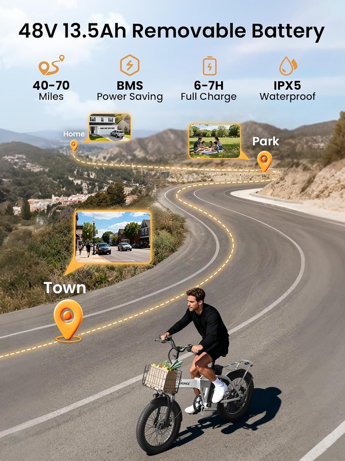 QRONGE Folding Electric Bike, E-Bike Foldable 1000W Peak, 48V 13.5AH Removable Battery Ebike, 20' Fat Tire, 70 Max Miles Range, 28maxMPH, Electric Bike for Adults, Adult Electric Bicycles for Commute