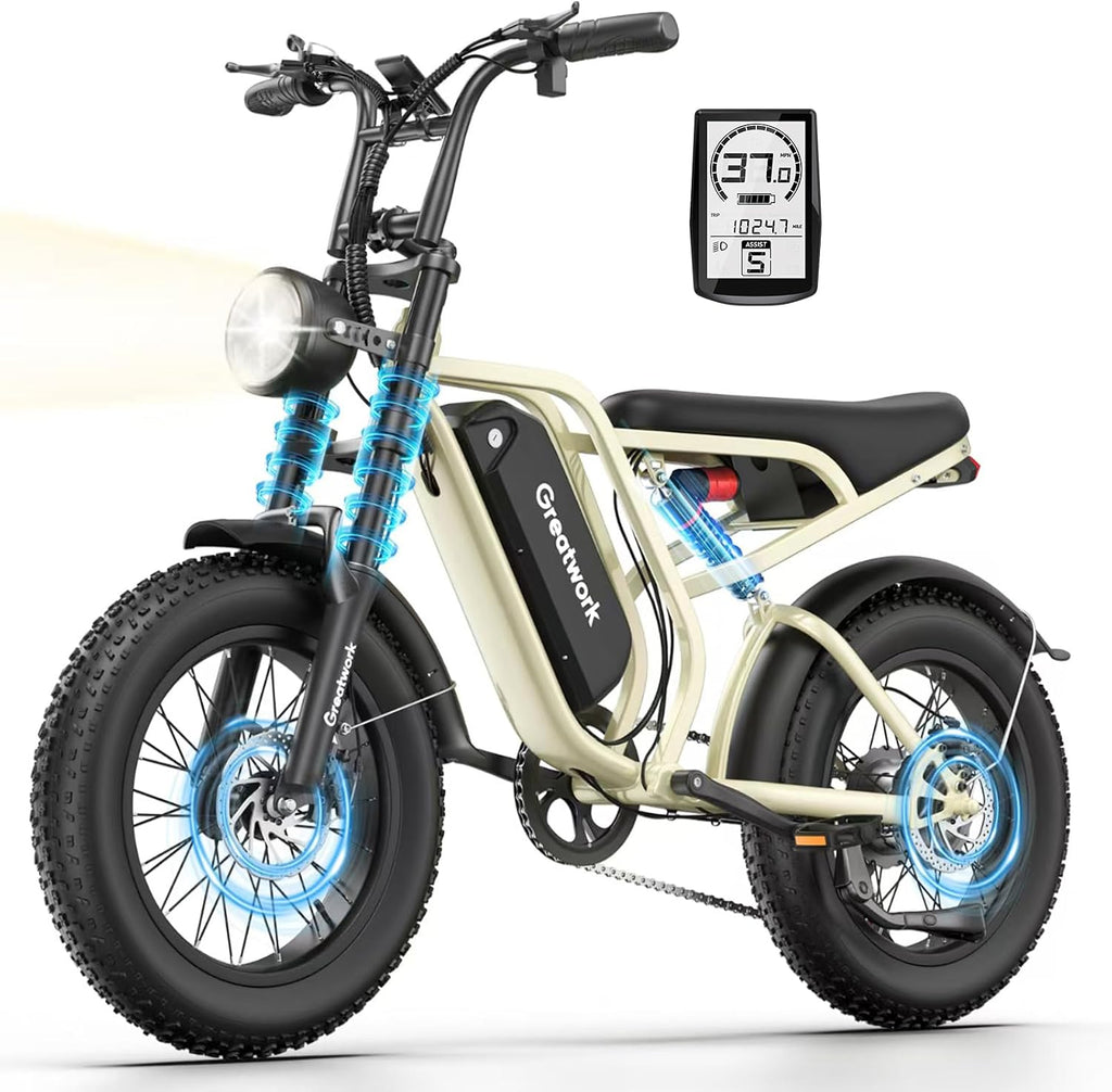 GREATWORK 2500W Peak Electric Bike for Adults, 1200Wh Removable Battery, Max 37MPH & 100 Miles Electric Dirt Bike with Full Suspension, 20'x4' Fat Tire Motorcycle Style Commuter Ebike for Men Women