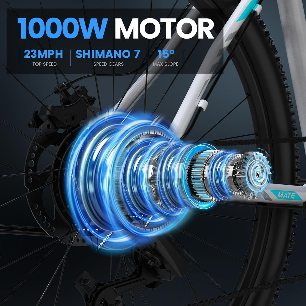 5TH WHEEL Mate Electric Bike for Adults, 1000W Peak Motor, 23MPH Top Speed, 468WH Removable Battery, 26 inch Commuting & Mountain E-Bike with Color LCD Display, 7-Speed Gears & Adjustable Stem Bicycle