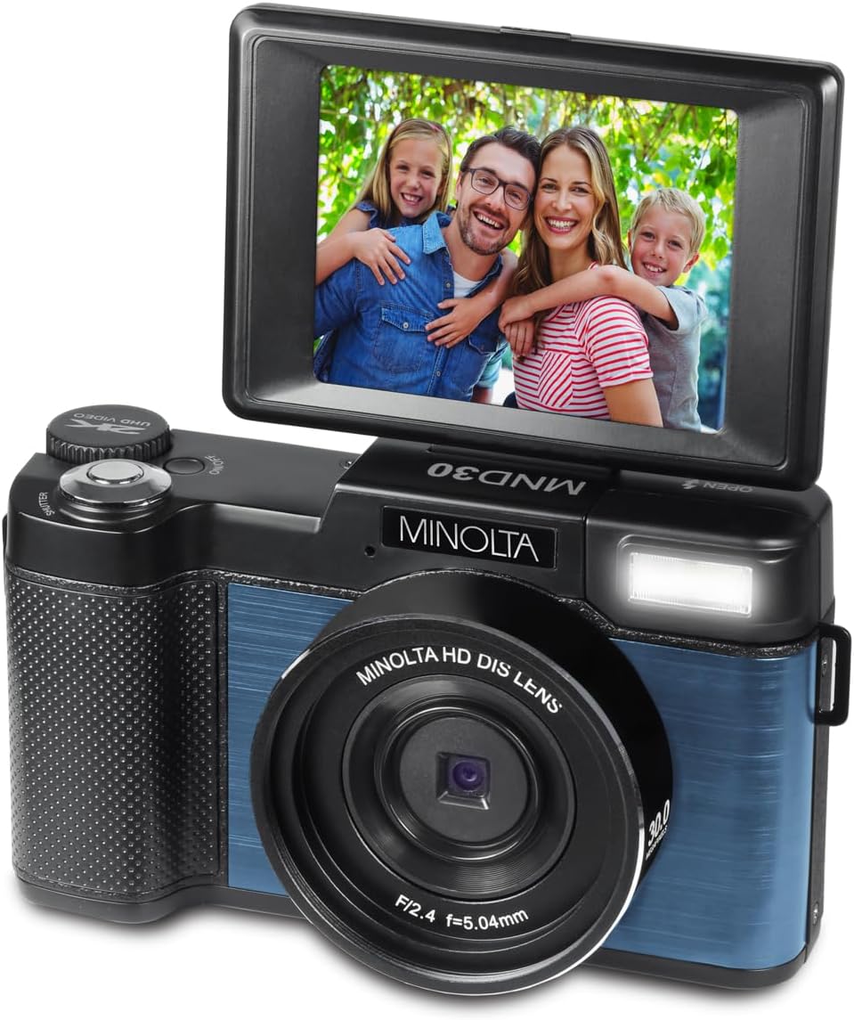 Minolta 30MP Digital Camera – 2.7K Ultra HD Video, 3-inch 180° LCD Screen, Face Detection, Anti-Shake, 9 Scene Modes, Photo Burst, Panorama, CMOS Sensor, 32GB Card (Blue)