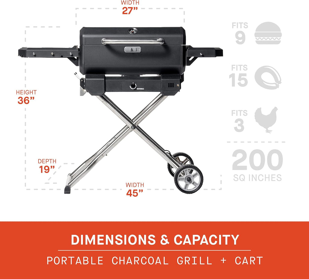 Masterbuilt® Electric Portable Charcoal Grill and Smoker with SteadyTemp Analog Temperature Control, Collapsible Cart and 200 Cooking Square Inches in Black, Model MB20040722