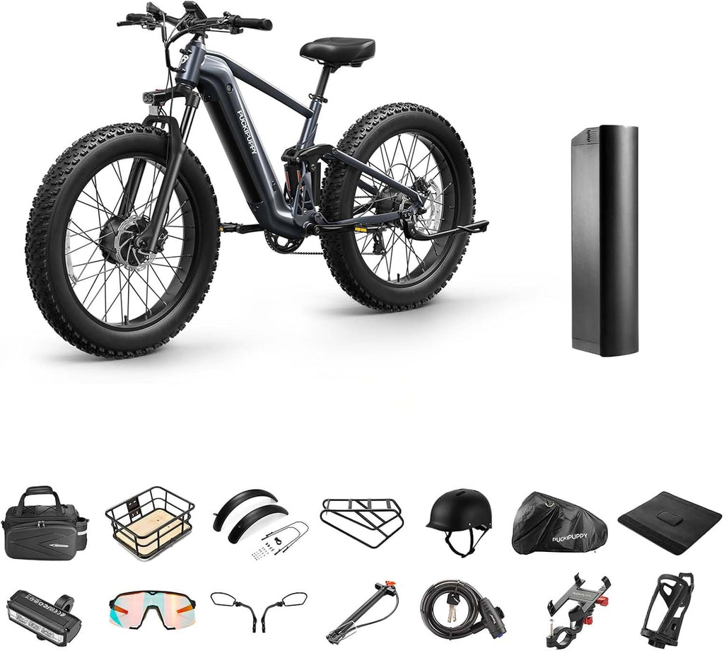 PUCKIPUPPY Dual Motor Electric Bike for Adults 1600W, 48V 20AH Battery with Torque Sensor, Full Suspension, 26' Fat Tire, 28MPH, 80 Mile Range, 8 Speed Mountain Electric Bicycle Golden Retriever Pro