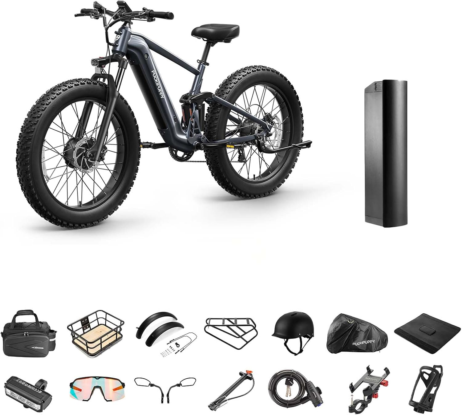 PUCKIPUPPY Dual Motor Electric Bike for Adults 1600W, 48V 20AH Battery with Torque Sensor, Full Suspension, 26' Fat Tire, 28MPH, 80 Mile Range, 8 Speed Mountain Electric Bicycle Golden Retriever Pro