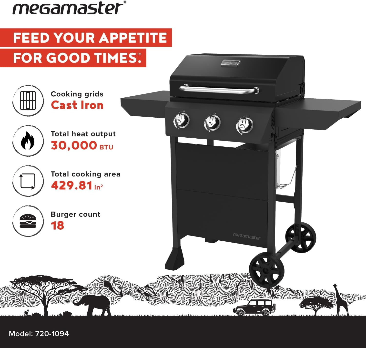 Megamaster 4-Burner Propane Gas Grill with Side Tables, 44,000BTUs, 566.92 SQ. In. Cooking Space, 2 Wheel Transport, Outdoor Kitchen Grill for BBQs, Backyards, Tailgating, and More - 720-1093B