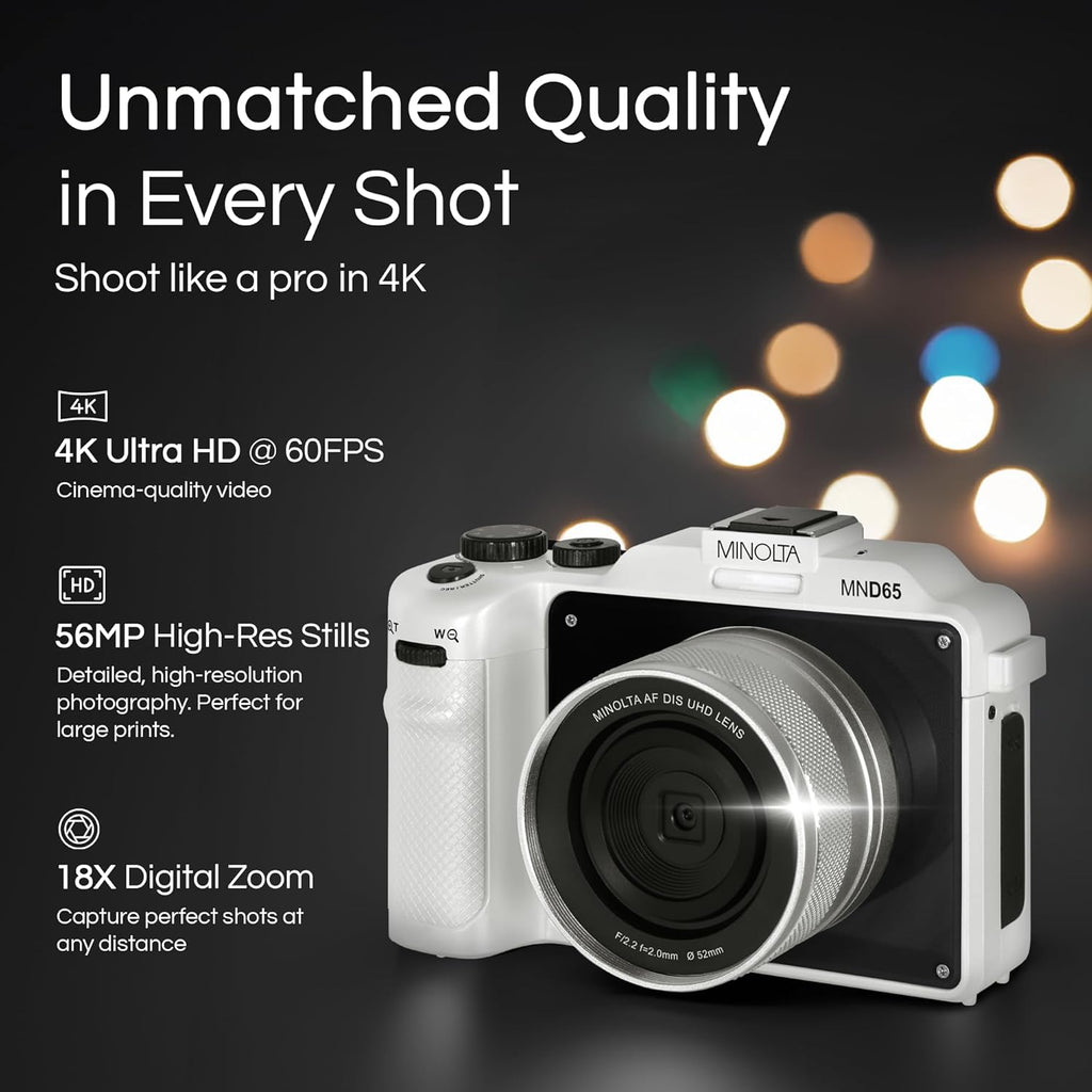 Minolta Digital Camera – 56MP Photos, 4K 60FPS Video, Dual-Lens Selfie Design, 18X Zoom, Wi-Fi, RAW/JPEG Capture, 3' LCD, Replaceable Faceplates (Black & Blue), Compact Travel Camera (White)