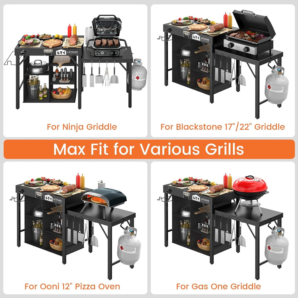 Leteuke Grill Table for Blackstone Griddle, Portable Foldable Grill Table with Storage Fits Ninja, Blackstone Griddle Stand for Outdoor Camping, Picnic, Garden, Patio, Dining, BBQ, Party