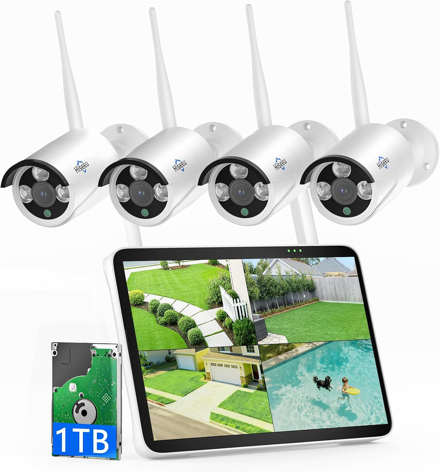 Hiseeu 4K Security Camera System, 24/7 Recording, 10.1' Touch Screen LCD 8MP Monitor, Wired Plug-in Powered 4Pcs 8MP Outdoor Cameras, Two-Way Audio, Color Night Vision, Motion Detection, 1TB HDD, IP66