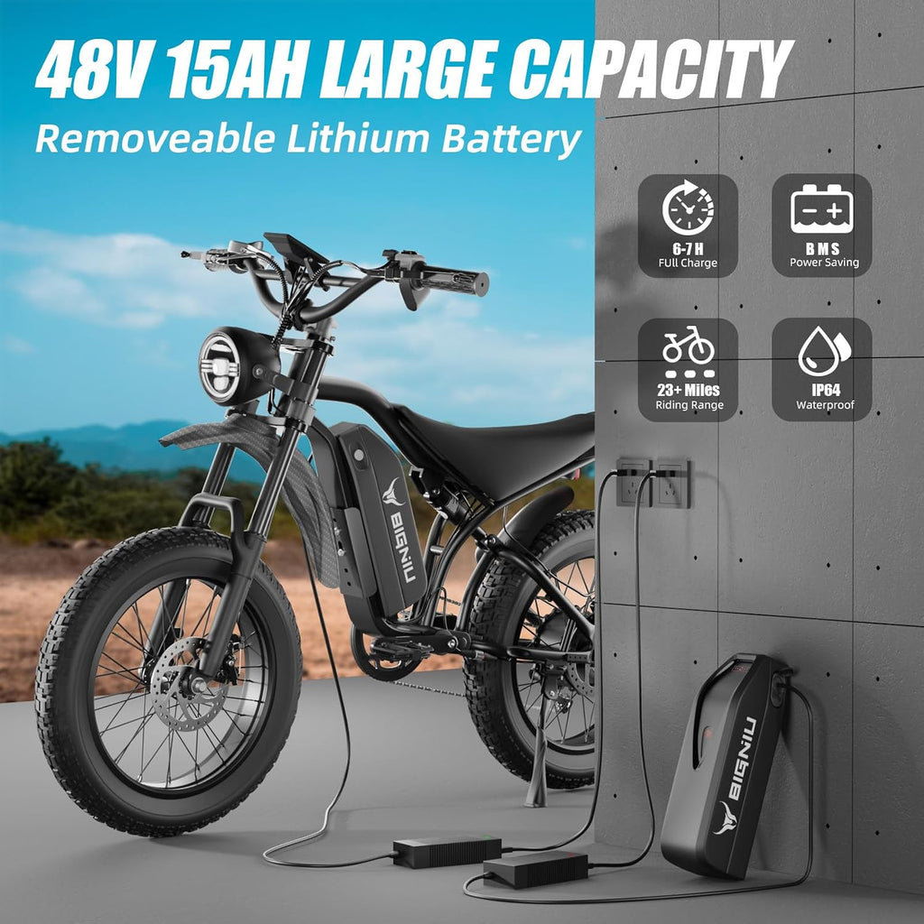 BIGNIU Electric Bike, Ebikes for Adults with Peak 1200W Motor, 20' Fat Tire, 48V 15A Battery, 7-Speed, Dual Disc Brakes E Bike for Off-Road and City Riding Electric Dirt Bike for Adults