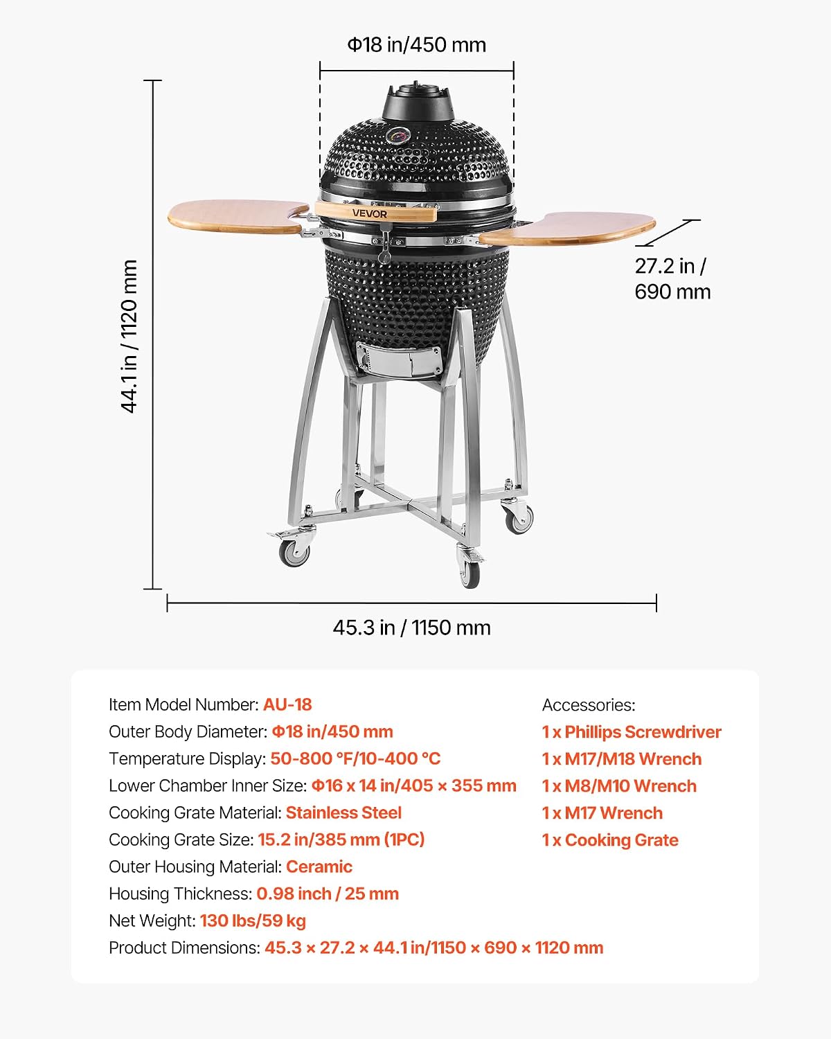 VEVOR Charcoal Smoker and Grill, 18' Kamado Charcoal BBQ Smoker, Movable Ceramic Barbecue Grill with 4 Wheels (2 Lockable), Built-in Thermometer, Air Vents & Side Shelf for Outdoor Patio Yard Cooking