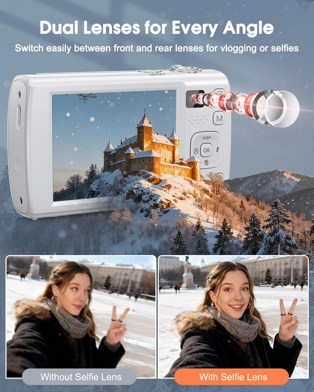 8K Digital Camera for Photography, 88MP WiFi Vlogging Camera for YouTube with Front Rear Lens, Autofocus, 16X Zoom, Compact Travel Cameras with Flash, Touch Screen, 64GB Card, 2 Batteries(White)