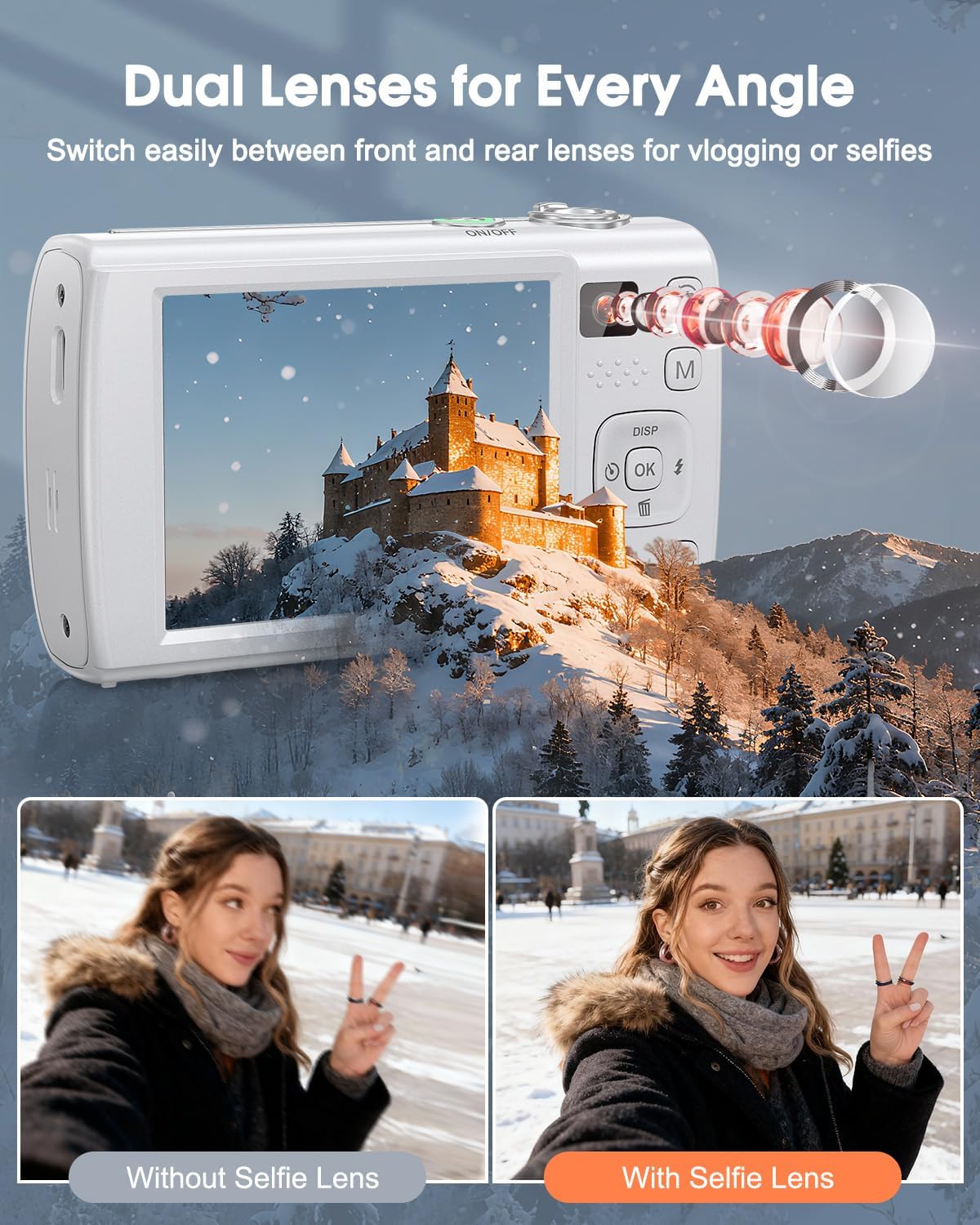 8K Digital Camera for Photography, 88MP WiFi Vlogging Camera for YouTube with Front Rear Lens, Autofocus, 16X Zoom, Compact Travel Cameras with Flash, Touch Screen, 64GB Card, 2 Batteries(White)