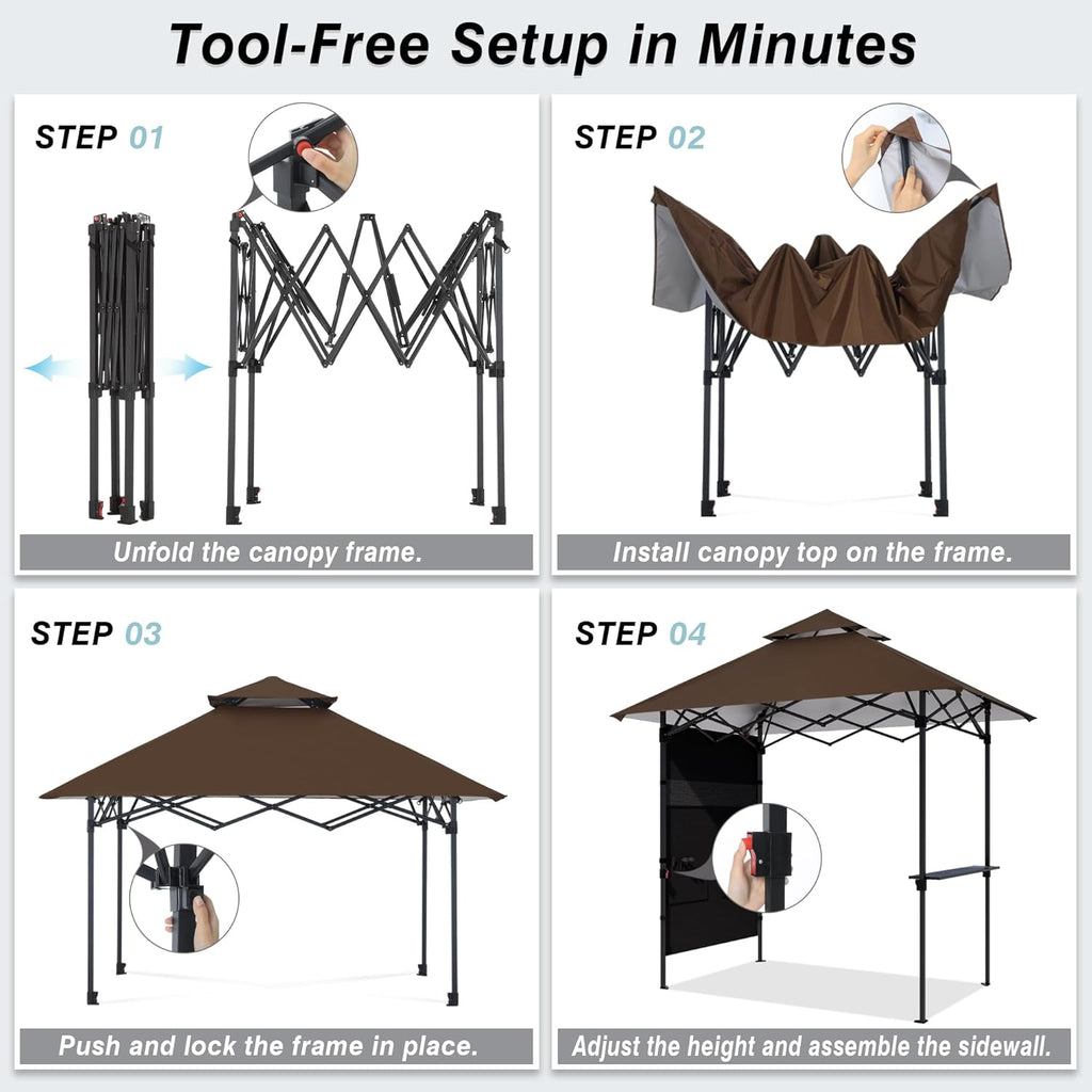 ABCCANOPY 8x5 Pop Up Grill Gazebo - Outdoor BBQ Canopy with Shelf & Sidewall, Portable Barbeque Shelter with 2 Magnetic LED Lights, Carry Bag for Patio Garden Events Picnic Grilling, Brown