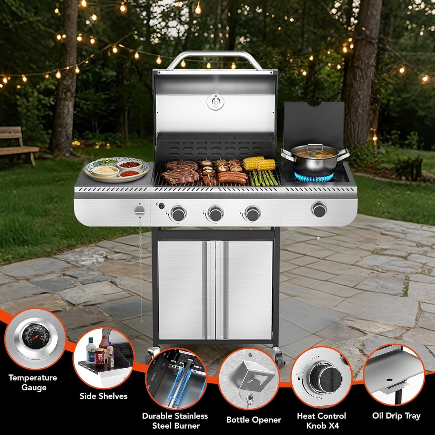 3-Burner Propane Gas Grill with Side Burner, 34,000 BTU Stainless Steel BBQ Grill – Heavy-Duty Porcelain-Enameled Grates for Patio and Outdoor Cooking
